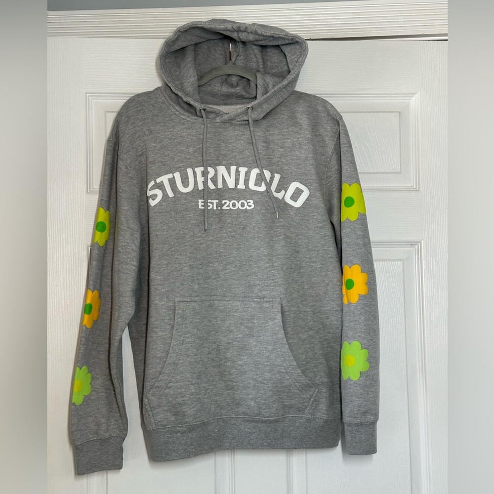 STURNIOLO Hoodie Triplets Grey Puff Paint Spell Out Daisies Size Large